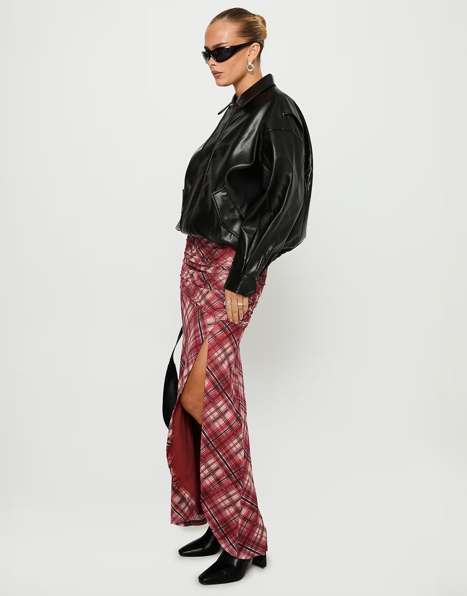 ASOS Princess Polly Cooperi ruched waist asymmetric front split maxi skirt in red check - 2