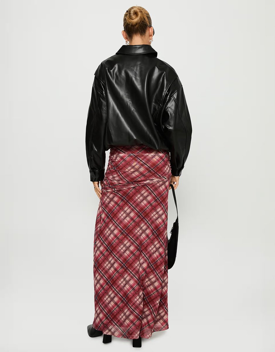 ASOS Princess Polly Cooperi ruched waist asymmetric front split maxi skirt in red check - 3