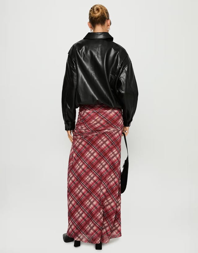 ASOS Princess Polly Cooperi ruched waist asymmetric front split maxi skirt in red check - 3