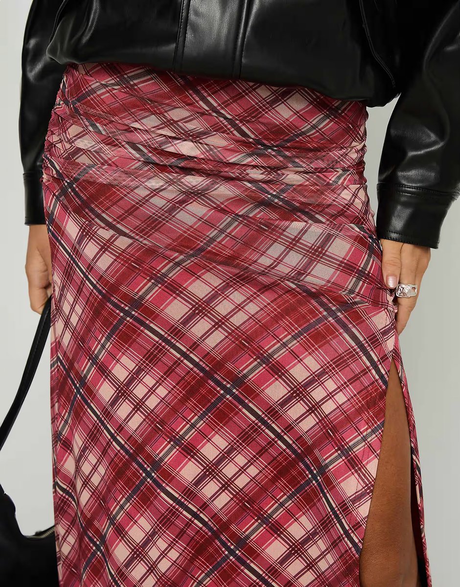 ASOS Princess Polly Cooperi ruched waist asymmetric front split maxi skirt in red check - 4