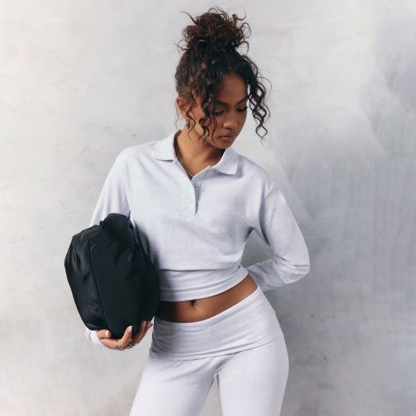 EGO Long Sleeve Button Detail Cinched Waist Collared Top In Light Grey Marl, Women's Size UK 4 - 1