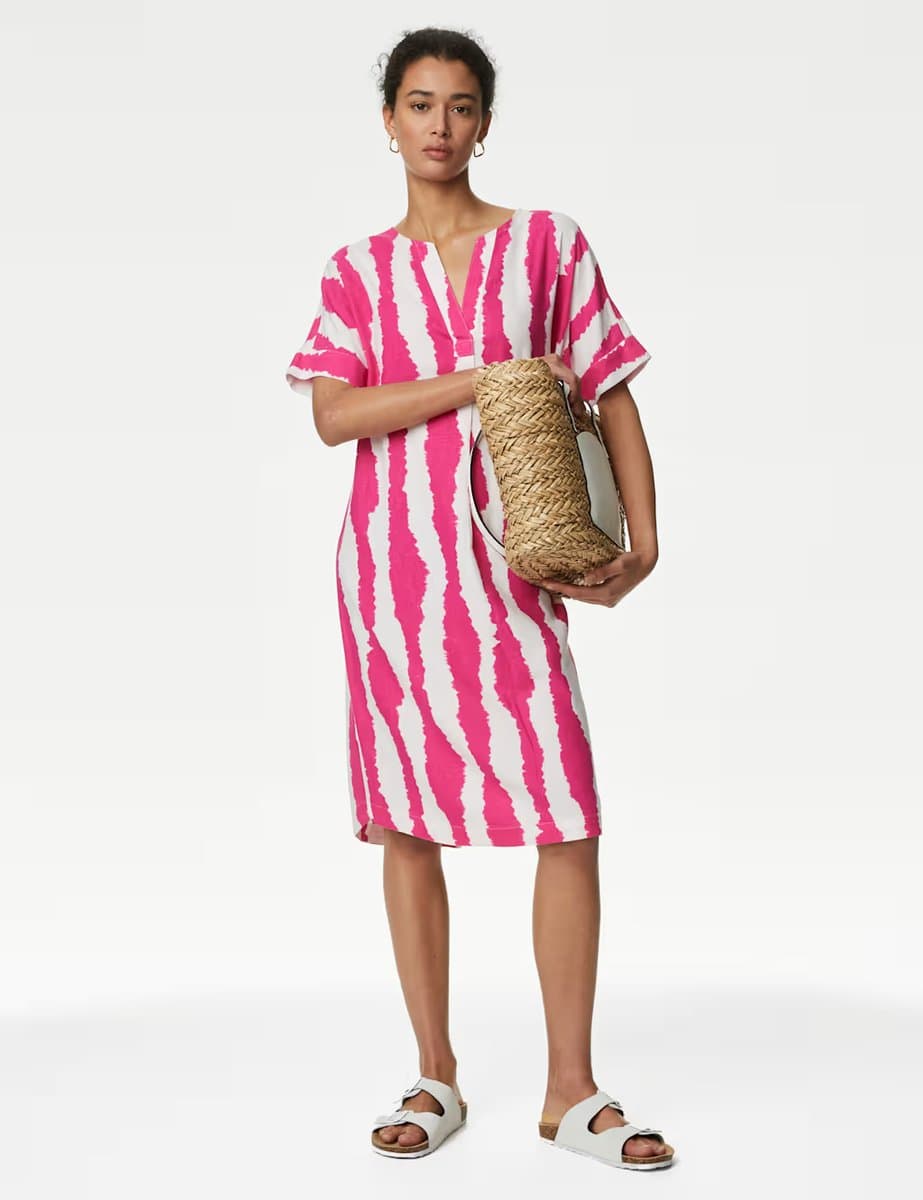 Marks & Spencer M&S Linen Rich Printed V-Neck Shift Dress Pink Mix