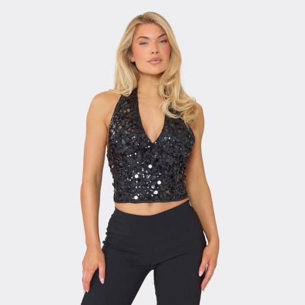 EGO Halterneck Plunge Crop Top In Black Sequin, Women's Size UK 6
