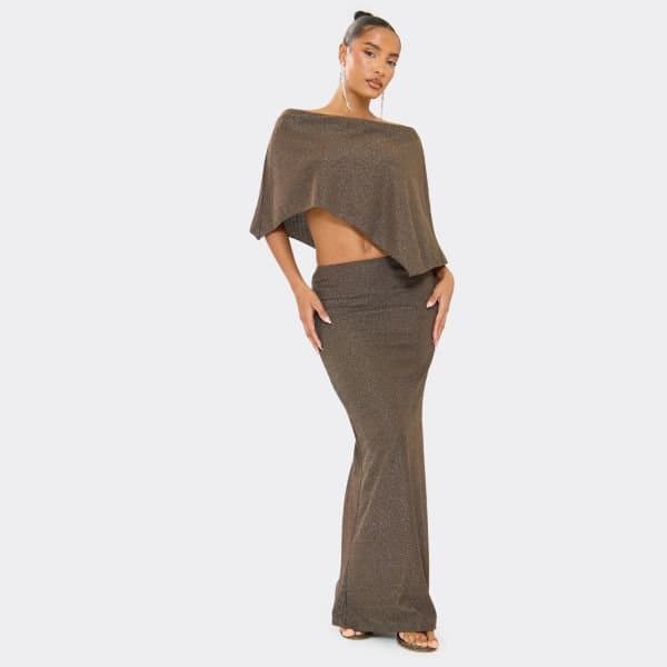 EGO Asymmetric Cape Top And Low Waist Maxi Skirt Co-Ord Set In Glitter Chocolate Brown, Women's Size UK 6