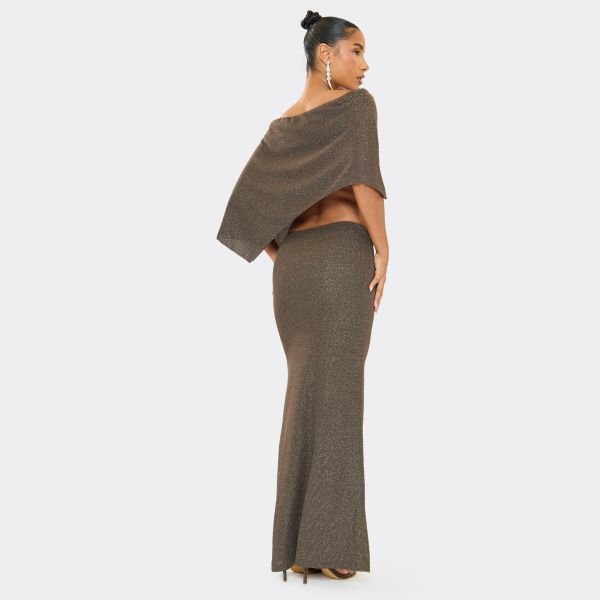EGO Asymmetric Cape Top And Low Waist Maxi Skirt Co-Ord Set In Glitter Chocolate Brown, Women's Size UK 6 - 2