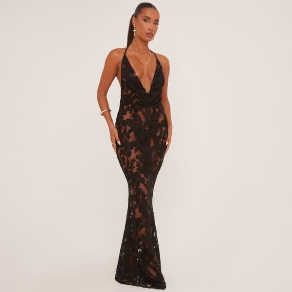 EGO Extreme Cowl Neck Open Back Maxi Dress In Black Sheer Floral Devore, Women's Size UK 6