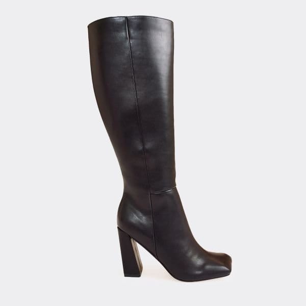 EGO Monica Square Toe Detail Knee High Boot Heeled Boot In Black Faux Leather, Women's Size UK 3 - 2