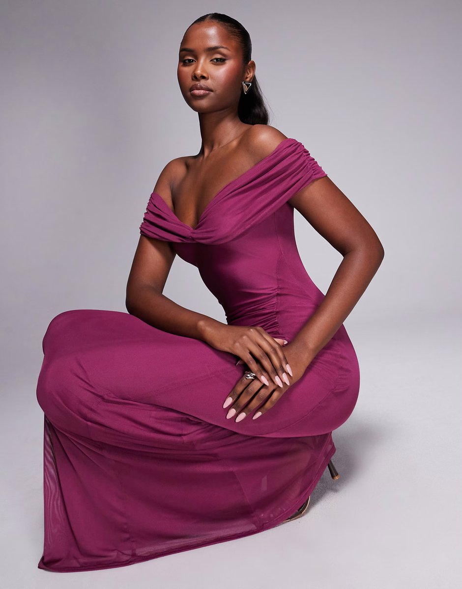 ASOS ASOS DESIGN mesh off shoulder ruched maxi dress in plum - 3