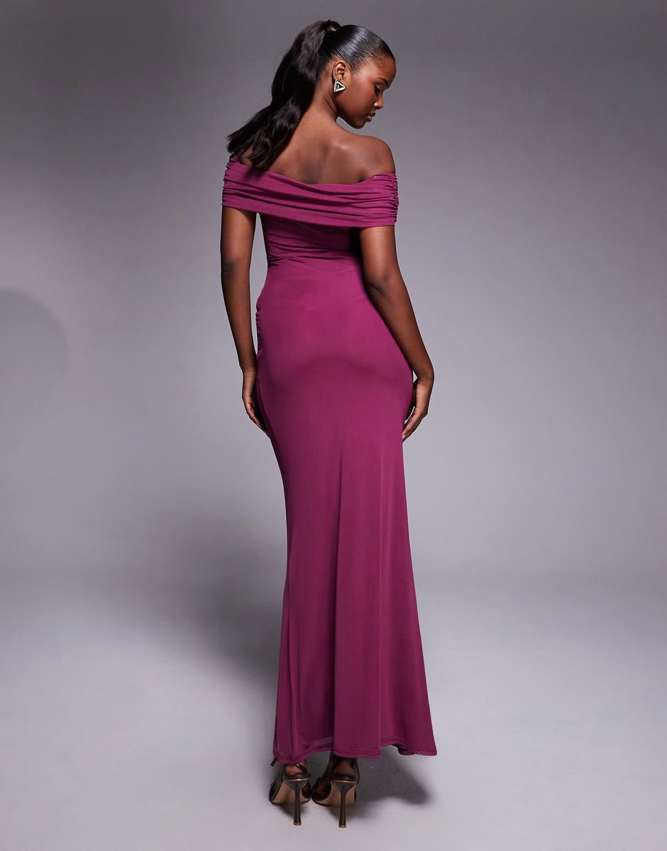 ASOS ASOS DESIGN mesh off shoulder ruched maxi dress in plum - 4
