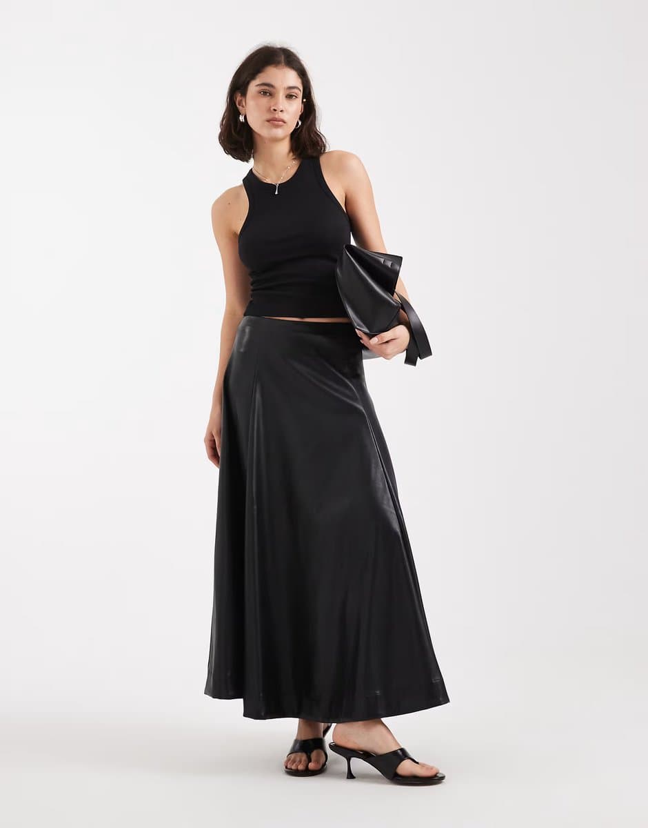 ASOS ASOS DESIGN faux leather seam and volume detail midi skirt in black