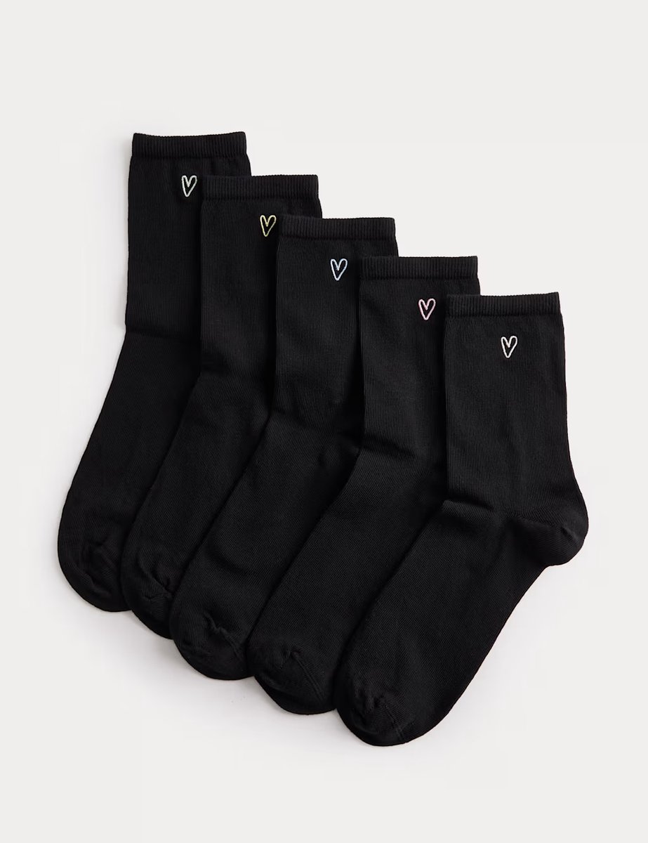 Marks & Spencer M&S 5 Pack Cotton Rich Embroidered Crew Socks Black - 2
