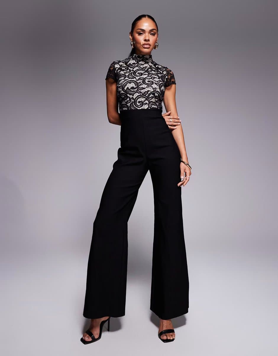 ASOS Vesper bengaline lace overlay high neck wide leg jumpsuit in black