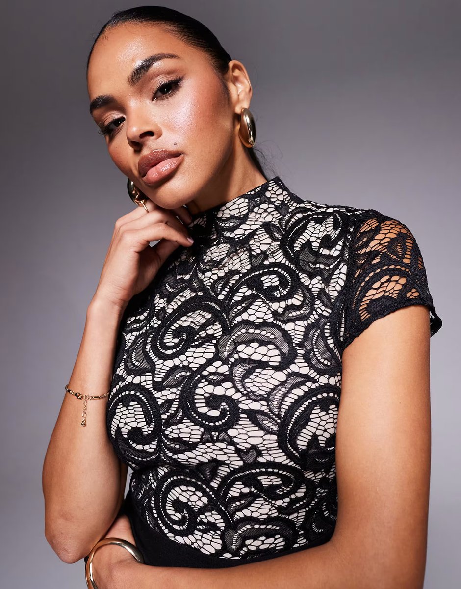 ASOS Vesper bengaline lace overlay high neck wide leg jumpsuit in black - 4