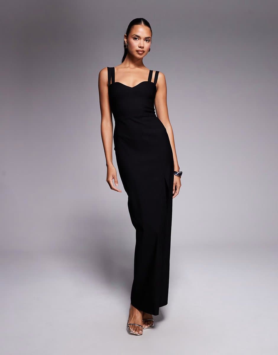 ASOS Vesper bengaline strappy sweetheart neck maxi dress in black