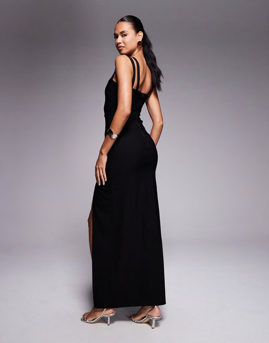 ASOS Vesper bengaline strappy sweetheart neck maxi dress in black - 3