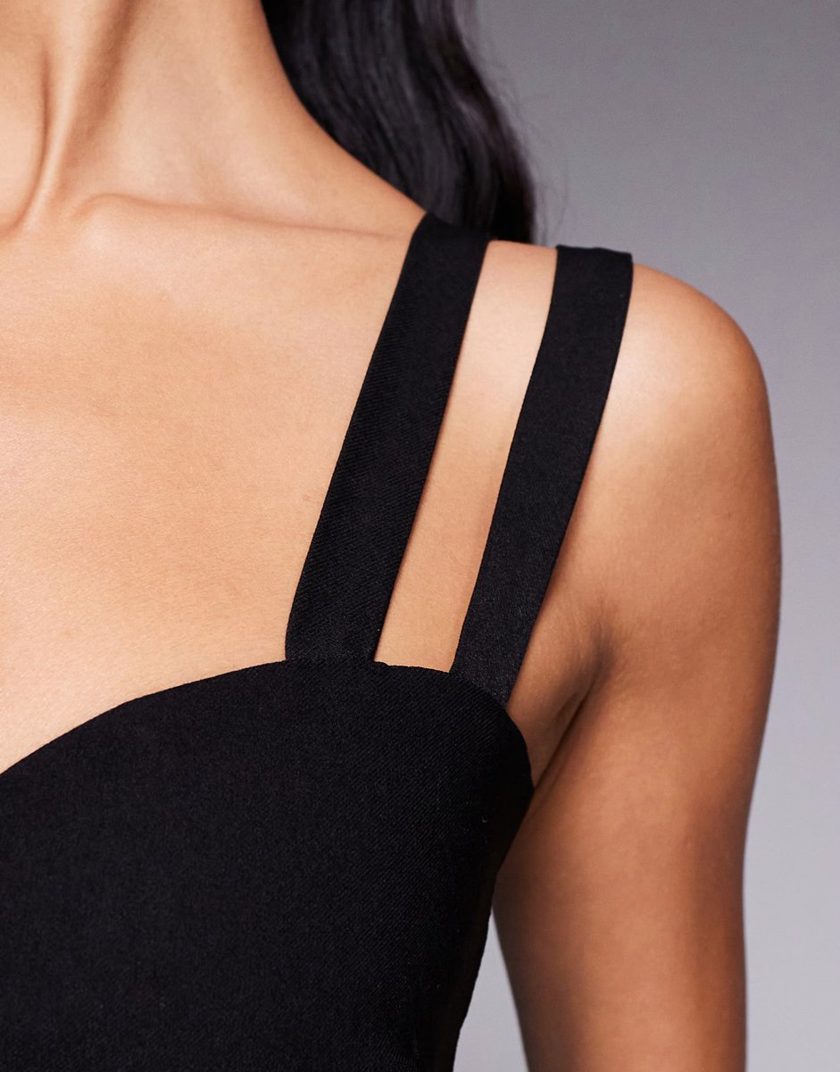 ASOS Vesper bengaline strappy sweetheart neck maxi dress in black - 4