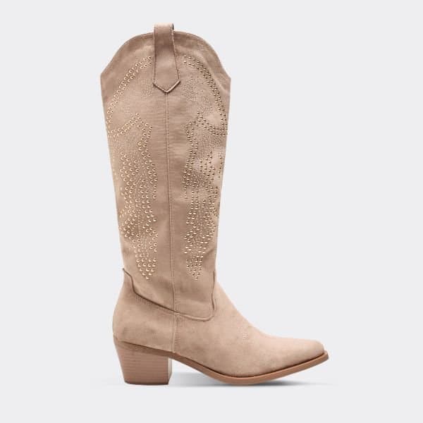 EGO EGO Beige Faux Suede Stud Detail Knee High Western Cowboy Boot