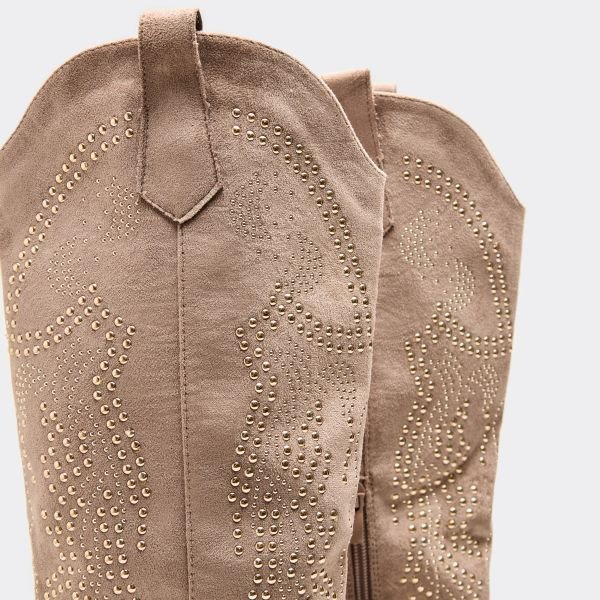 EGO Styled Stud Detail Knee High Western Cowboy Boot In Beige Faux Suede, Women's Size UK 3 - 2