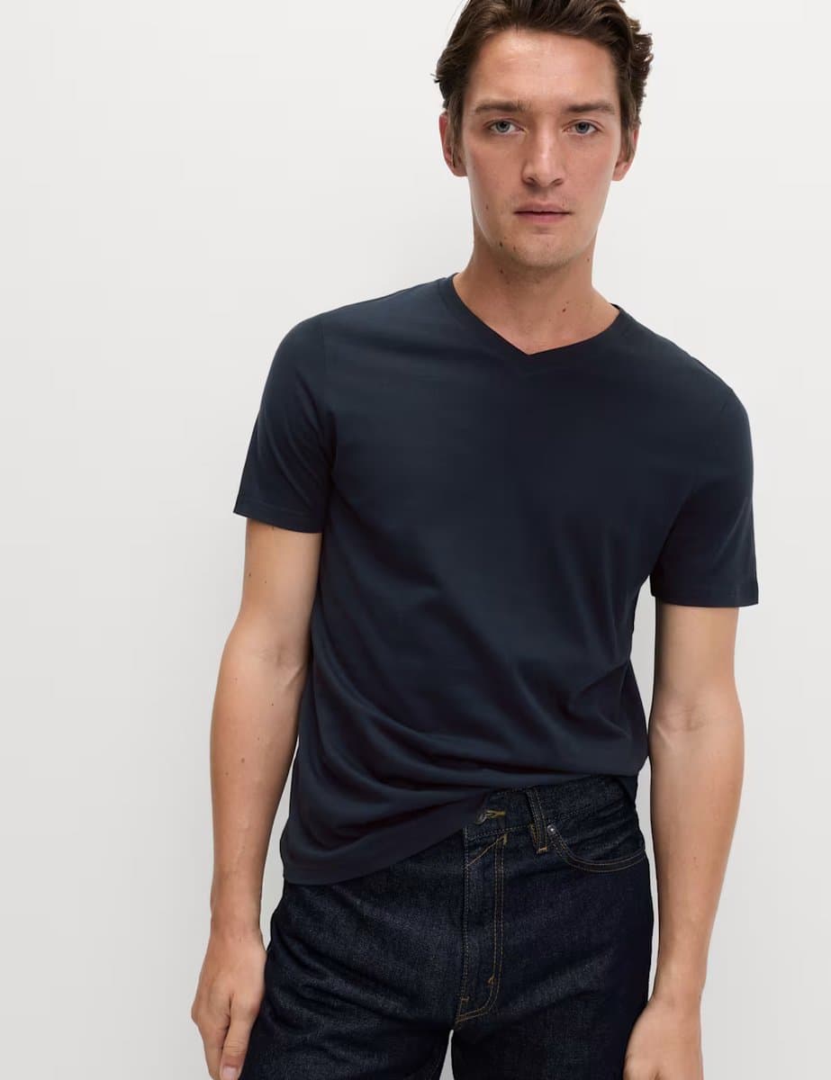 Marks & Spencer M&S Pure Cotton V Neck T-Shirt in Navy