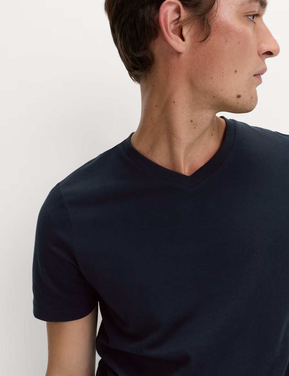 Marks & Spencer M&S Pure Cotton V Neck T-Shirt Navy - 3