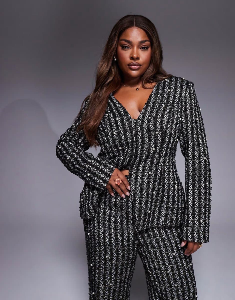 ASOS ASOS LUXE Curve pearl embellished boucle blazer co-ord in black