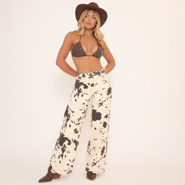 EGO Mid Rise Jeans In White Cow Print Denim, Women's Size UK Large L