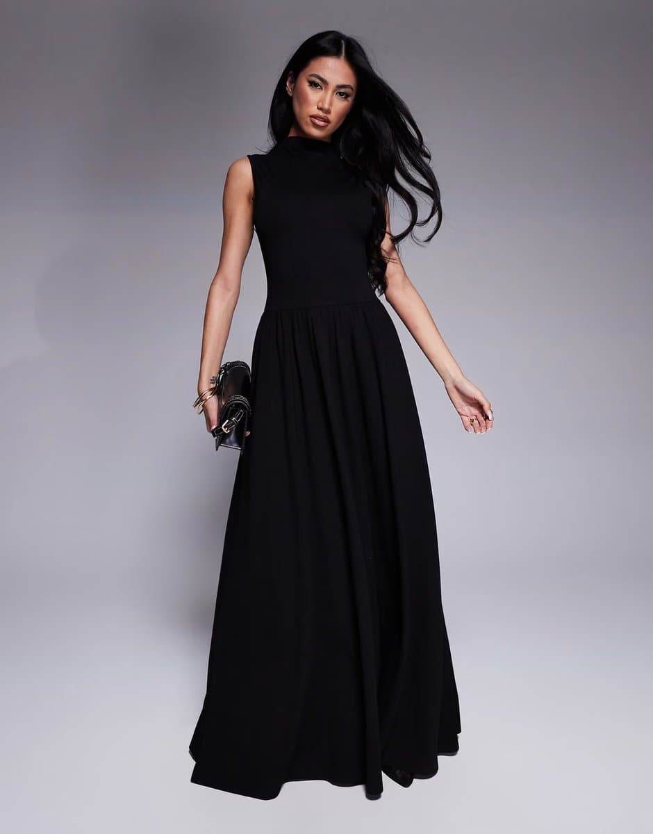 ASOS Kaiia exclusive sleeveless high neck gathered skirt maxi dress in black