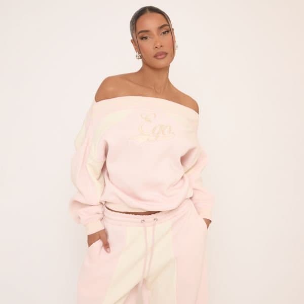 EGO EGO Oversized Bardot Stripe Graphic Sweater in Pink