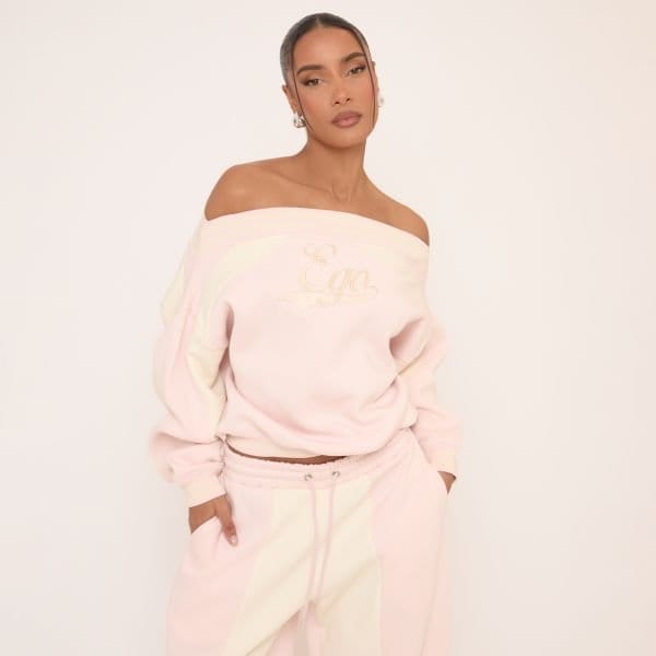 EGO Oversized Bardot Contrast Stripe Ego Graphic Sweater In Pink, Women's Size UK 12 - 1