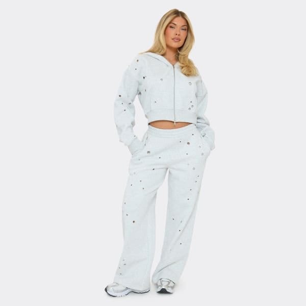 EGO Low Rise Eyelet Detail Wide Leg Joggers In Light Grey Marl, Women's Size UK 6 - 1