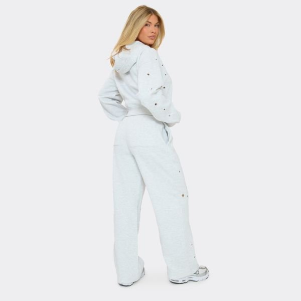 EGO Low Rise Eyelet Detail Wide Leg Joggers In Light Grey Marl, Women's Size UK 6 - 2