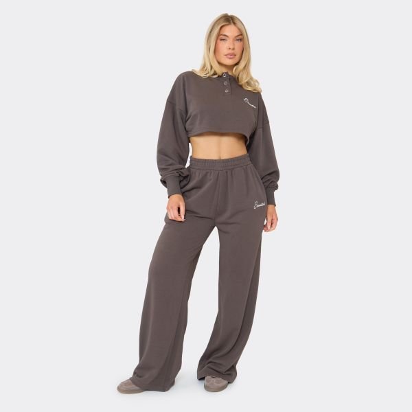 EGO Mid Rise Essential Embroidered Graphic Wide Leg Joggers In Chocolate Brown, Women's Size UK 6 - 2