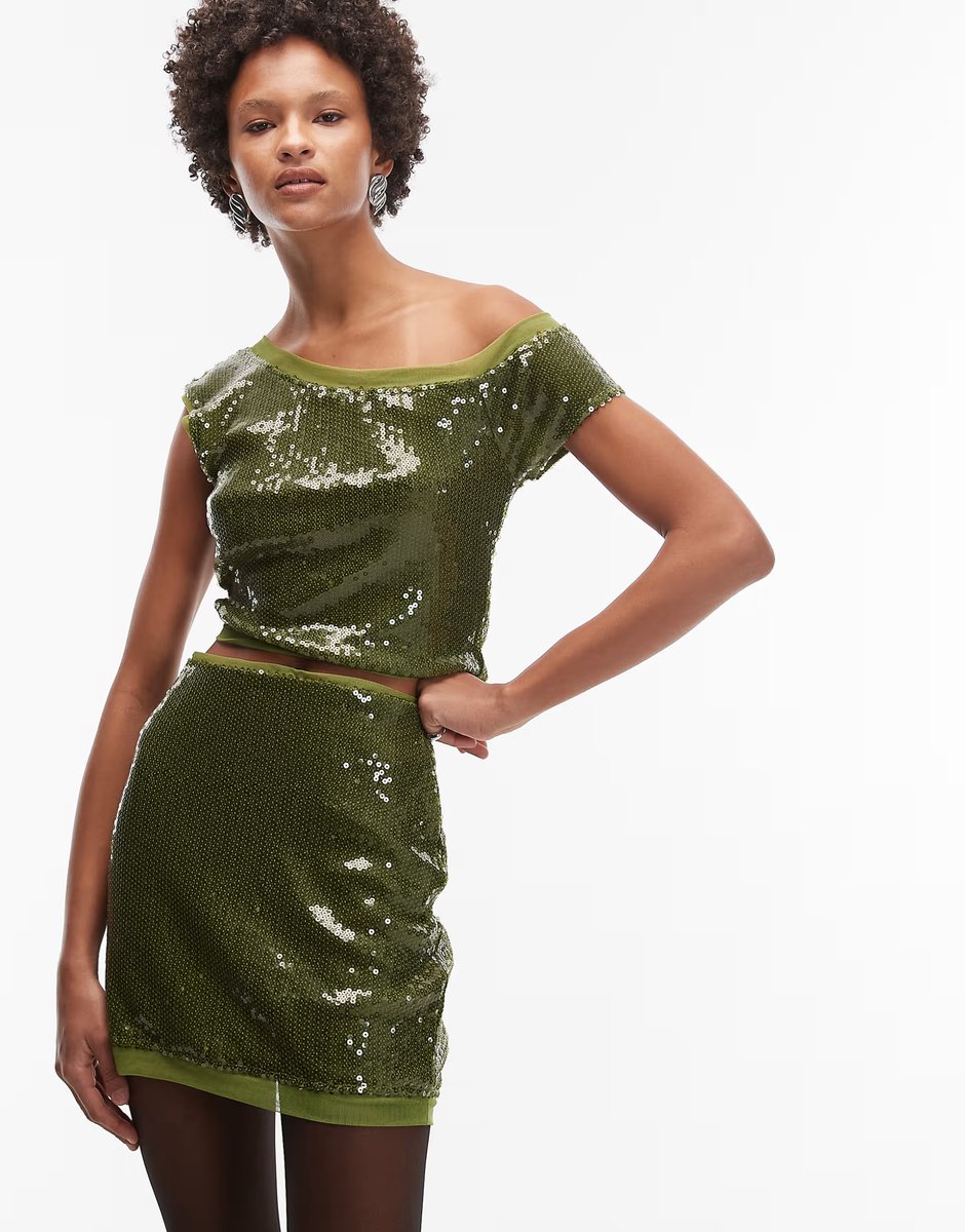 ASOS ASOS DESIGN co-ord sequin mesh mix off shoulder top and mini skirt in olive - 2
