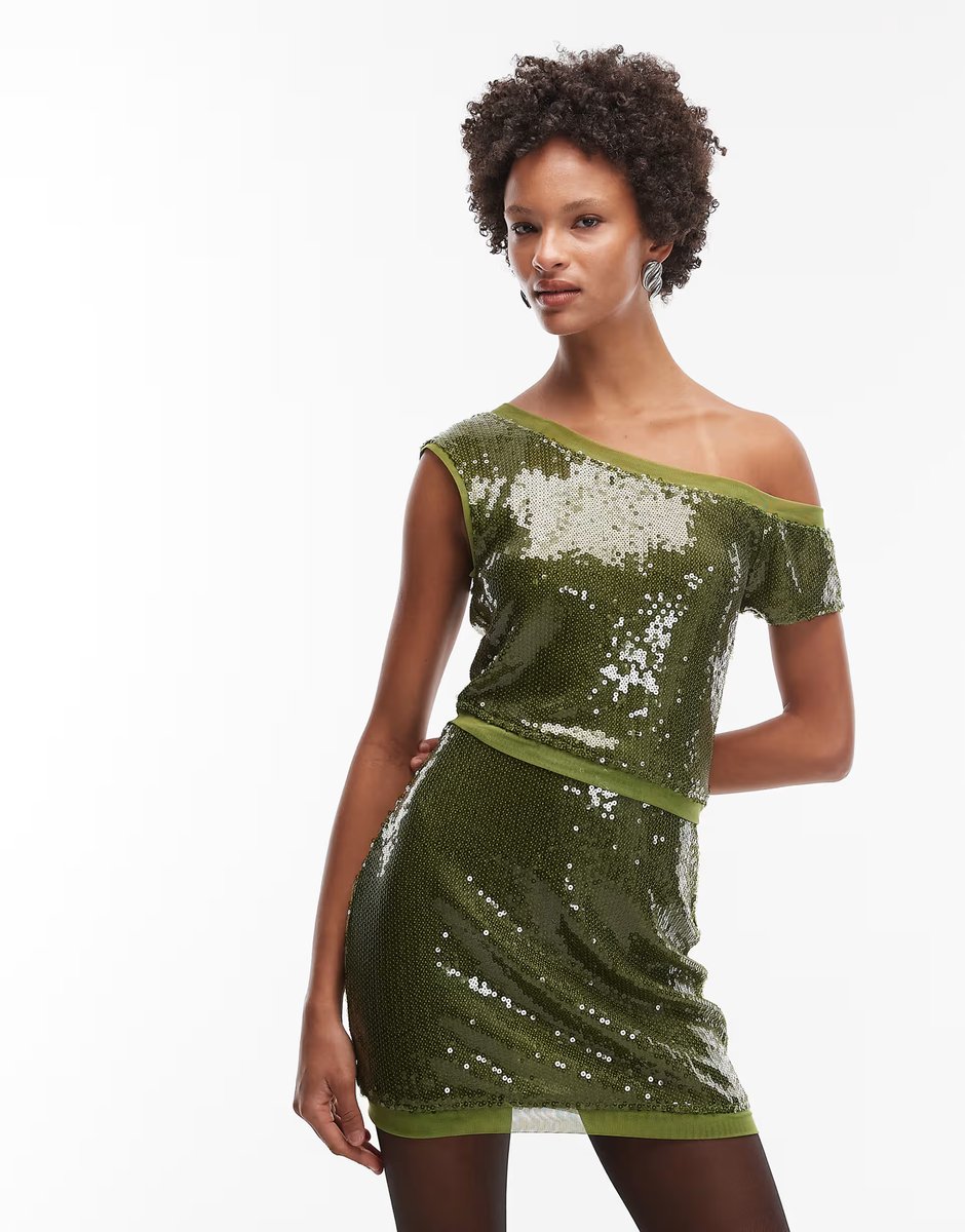 ASOS ASOS DESIGN co-ord sequin mesh mix off shoulder top and mini skirt in olive - 3