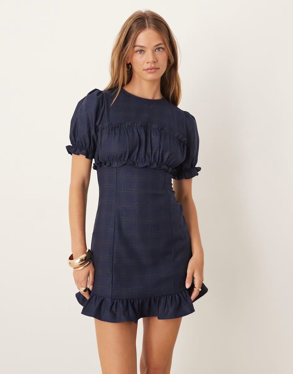 ASOS ASOS DESIGN short sleeve ruffle bust mini dress in navy check