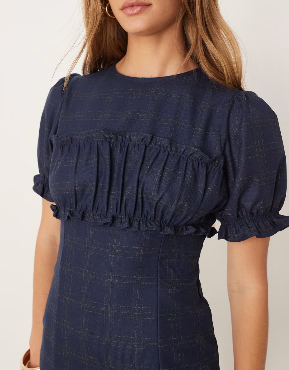 ASOS ASOS DESIGN short sleeve ruffle bust mini dress in navy check - 3