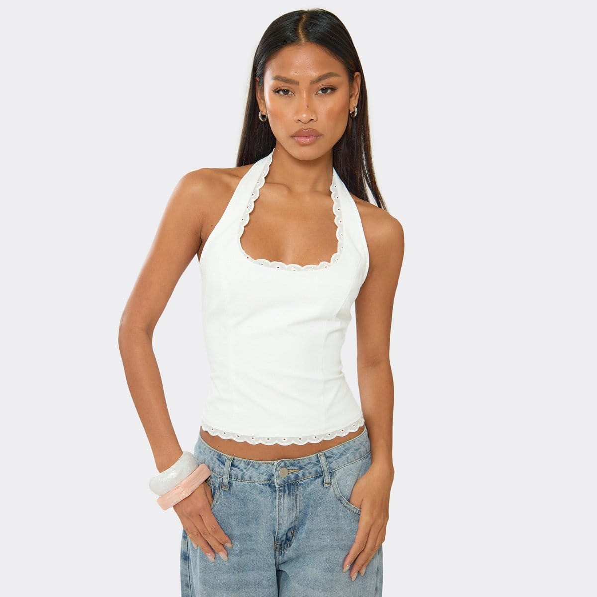 EGO Halter Neck Broderie Trim Detail Top In White, Women's Size UK 6 - 1