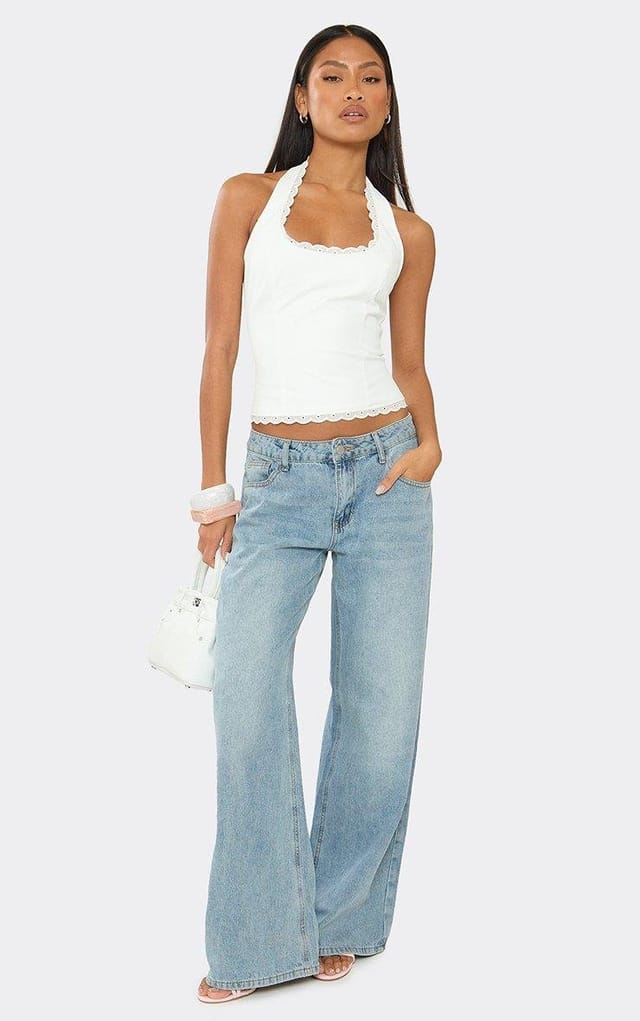 EGO Halter Neck Broderie Trim Detail Top In White, Women's Size UK 6 - 2