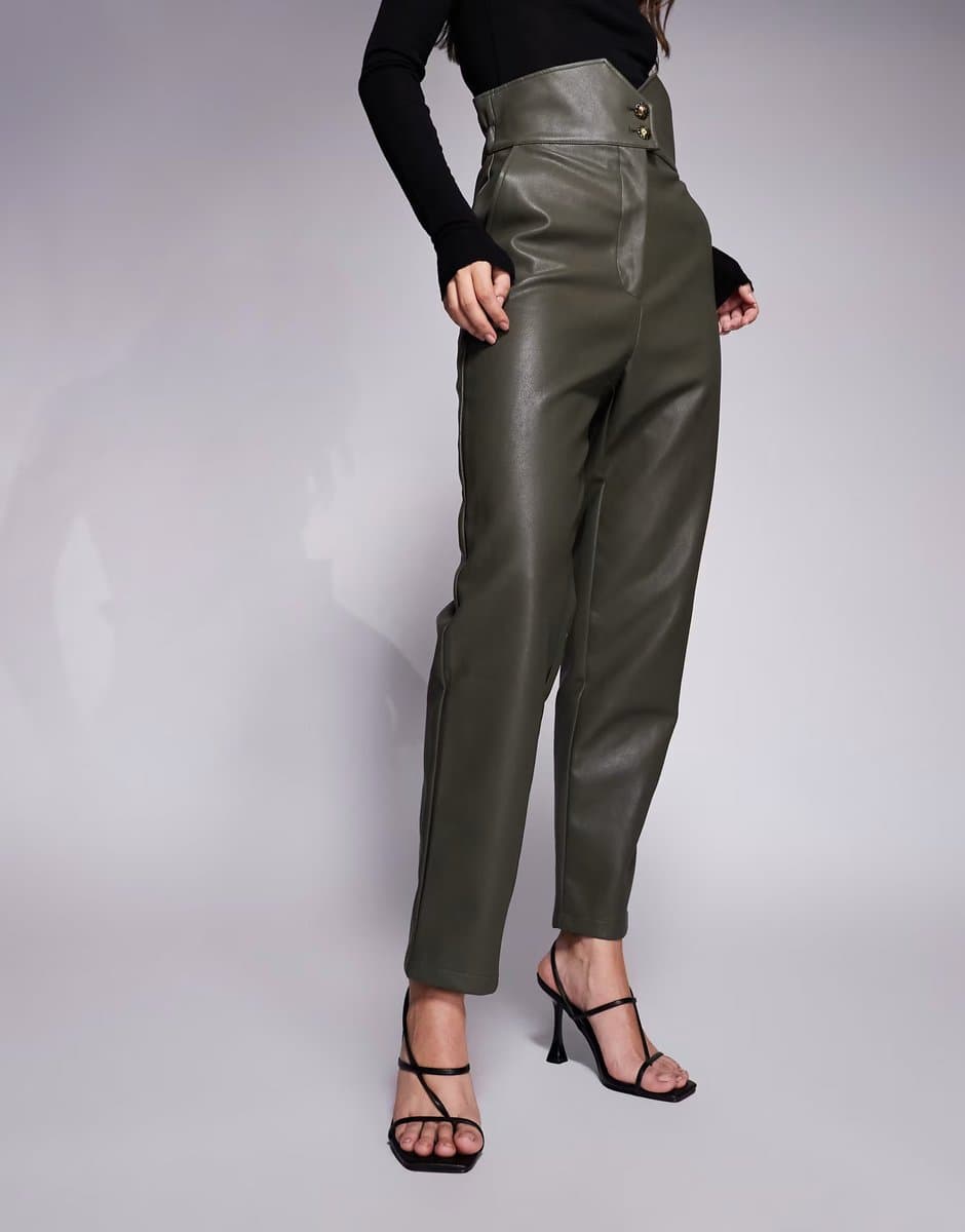 ASOS Bardot leather look shaped high waisted tapered trousers in olive green