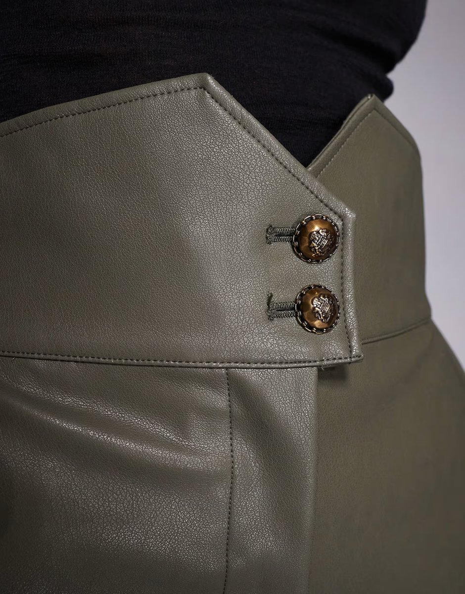 ASOS Bardot leather look shaped high waisted tapered trousers in olive green - 3