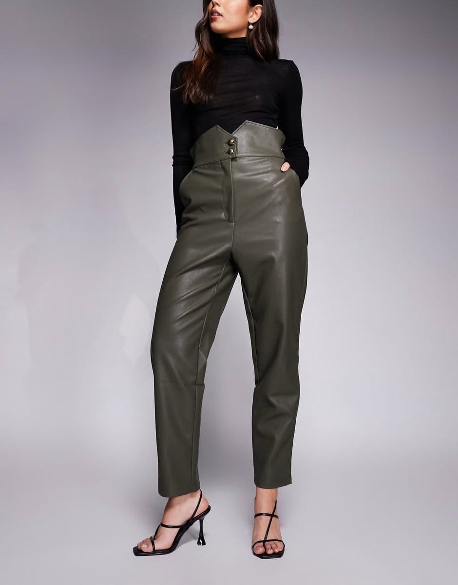ASOS Bardot leather look shaped high waisted tapered trousers in olive green - 4