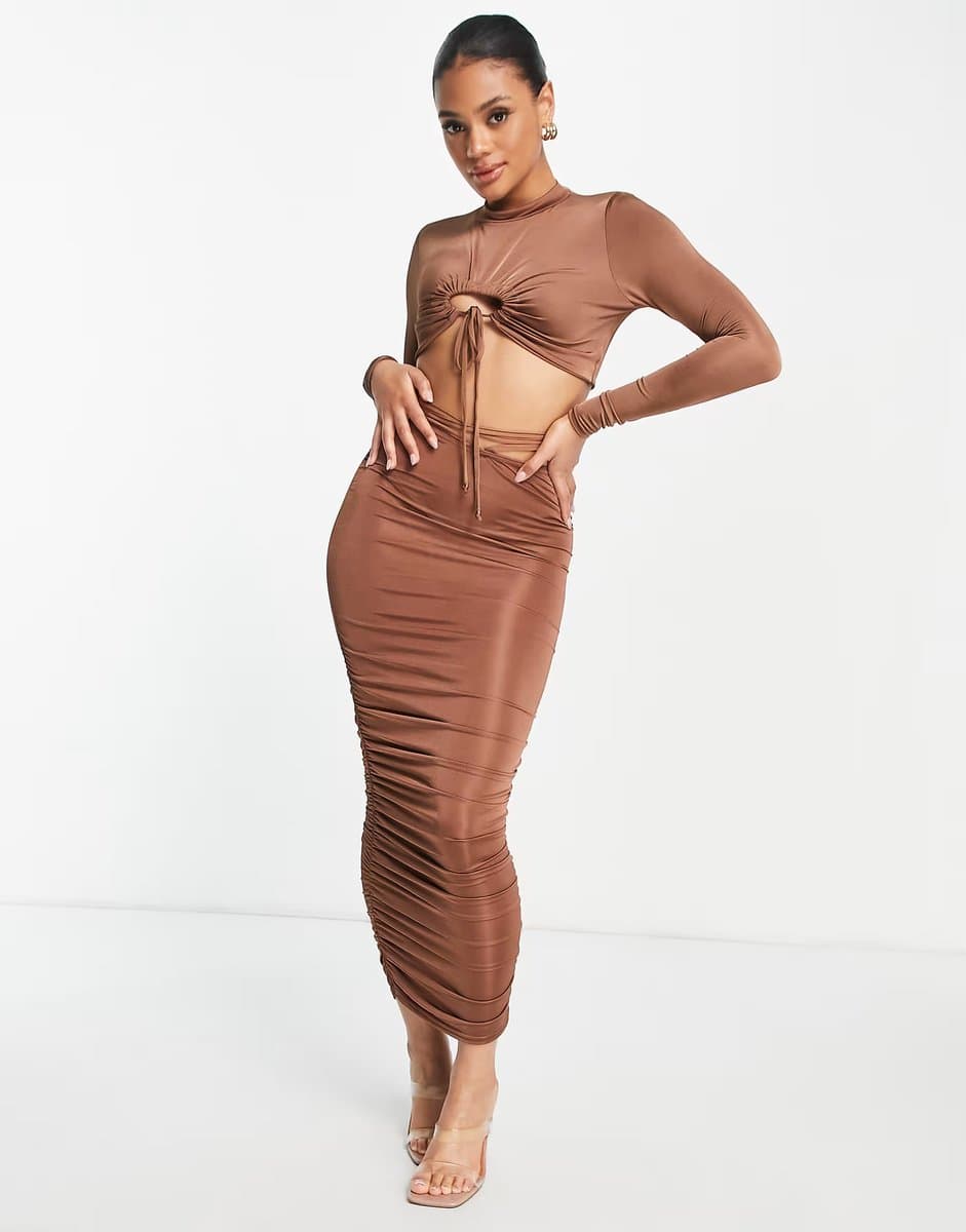 ASOS Missguided co-ord strappy waist slinky ruched midi skirt in brown