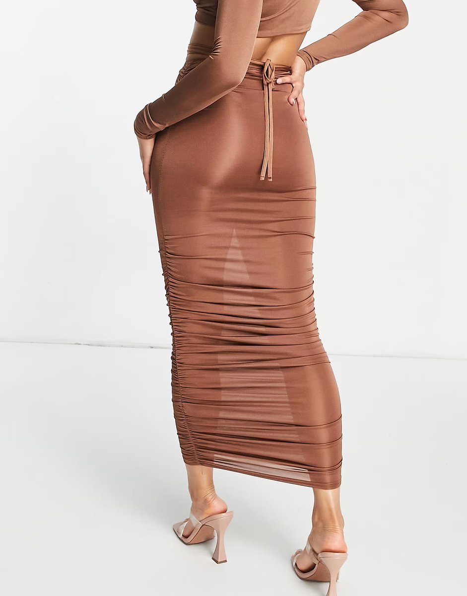 ASOS Missguided co-ord strappy waist slinky ruched midi skirt in brown - 2