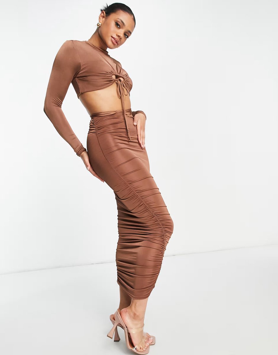 ASOS Missguided co-ord strappy waist slinky ruched midi skirt in brown - 3