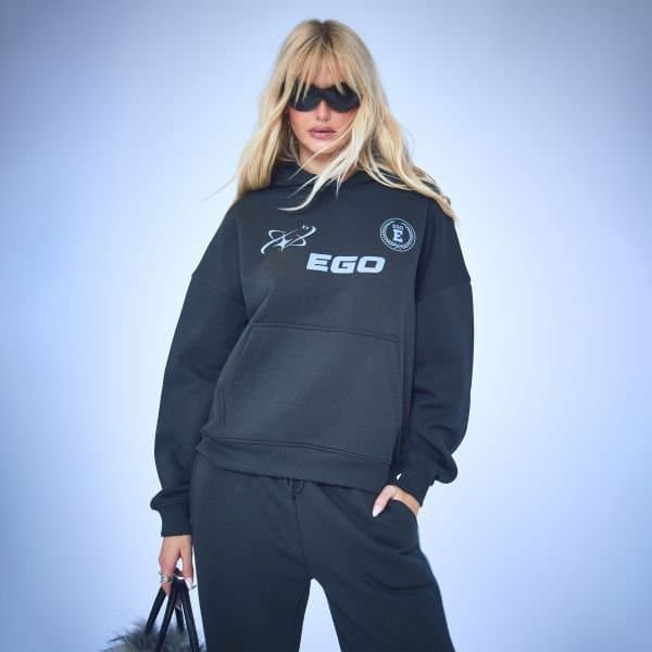 EGO Oversized Graphic Detail Hoodie In Charcoal Grey, Women's Size UK 6