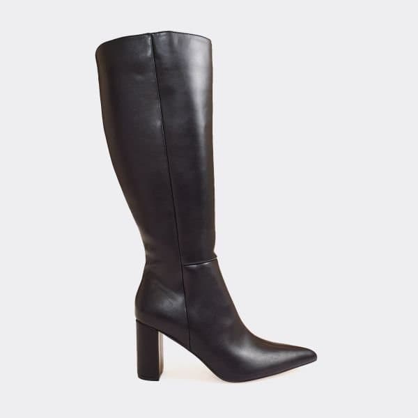 EGO Outstanding Pointed Toe Knee High Heeled Boot In Black Faux Leather, Women's Size UK 7