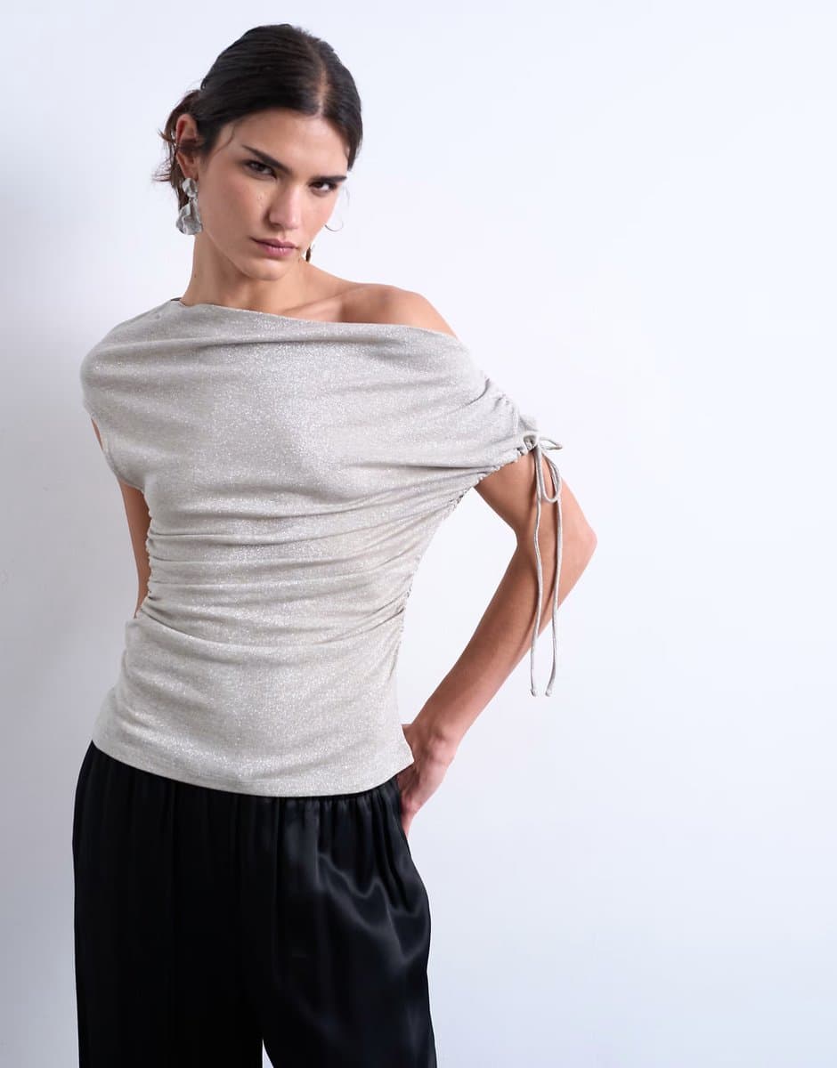 ASOS Topshop metallic asymmetric cinch top in silver