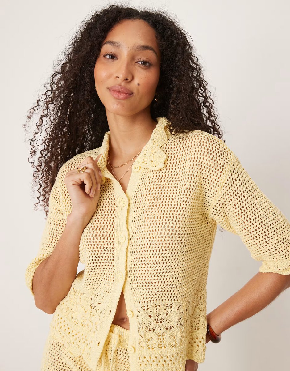 ASOS ASOS DESIGN crochet knitted shirt in buttermilk yellow - 2