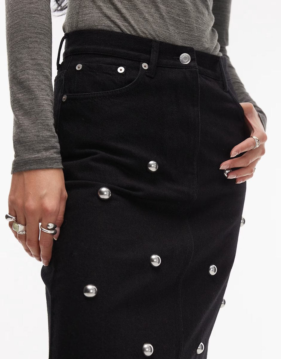 ASOS ARKET studded denim midi skirt in black - 2