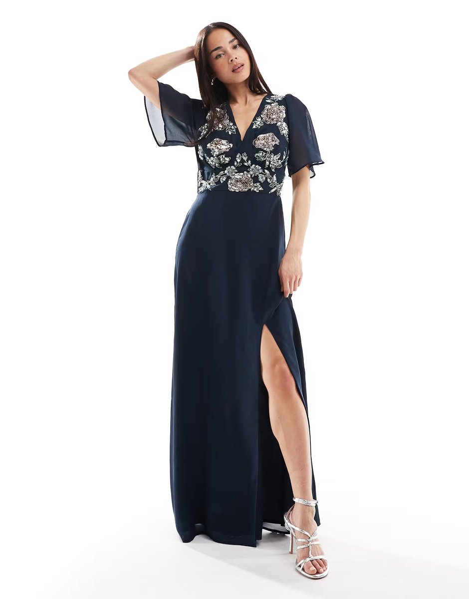 ASOS Maya Floral embellished short angel sleeve maxi dress in navy - 3